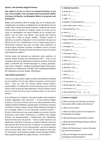 KS5 relationships - love pain (reading comp.)