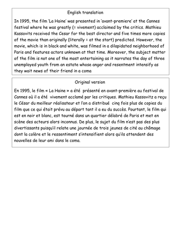 'La haine'- bilingual summary (transl. practice)