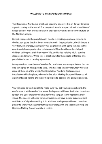 GCSE Decision Making Activity- Population Control