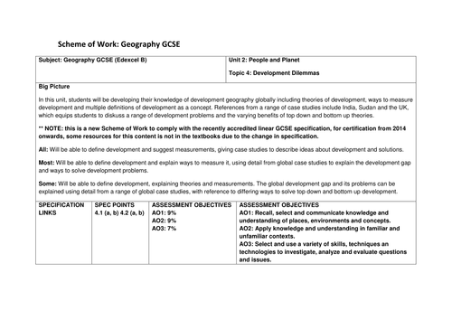 Edexcel B Development Dilemmas Scheme of Work