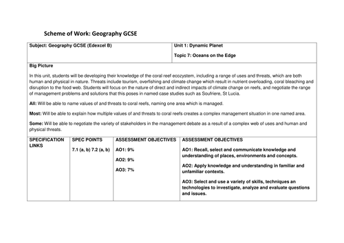 Edexcel B Oceans on the Edge Scheme of Work