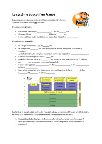Education system in France - French gap-fill for KS5