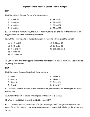 Hcf And Lcm Of Two Numbers Worksheet