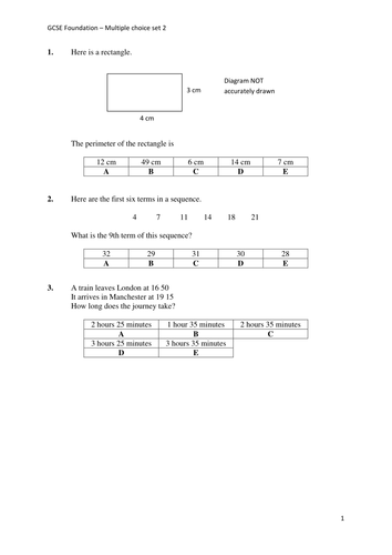 Multiple Choice Questions: Foundation GCSE Math