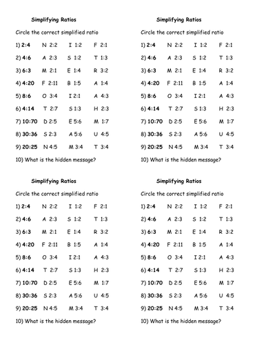 Simplifying ratio hidden message | Teaching Resources
