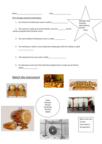 Gamelan worksheets and activity