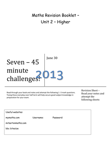 AQA Unit 2 Higher: 7 Revision Worksheets (Math)