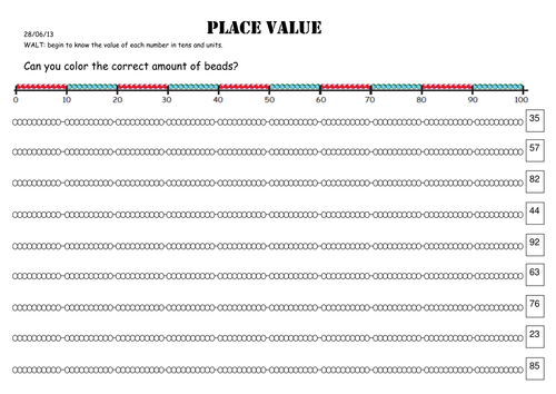 Tens and Units worksheets using beaded string