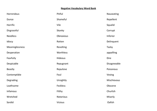 Positive and Negative Vocabulary Word Banks