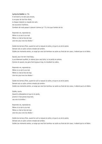 Oublie - song by TAL (activities); KS3/KS4 French