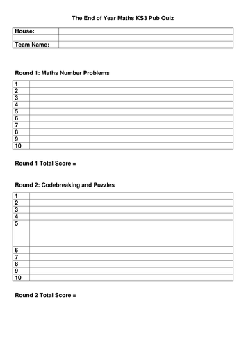 Large End of Term Fun Math KS3 Pub Quiz