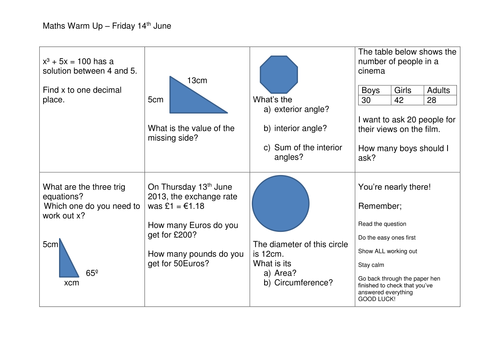 Revision sheet - GCSE Math Calculator paper