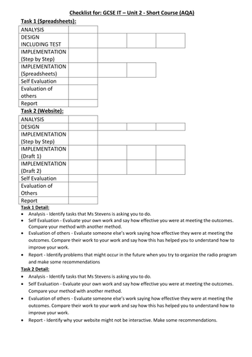 GCSE IT - Short Course Tick Sheet