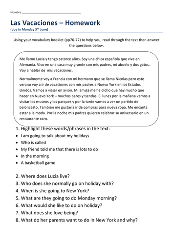 Spanish: Holidays - Reading Comprehension