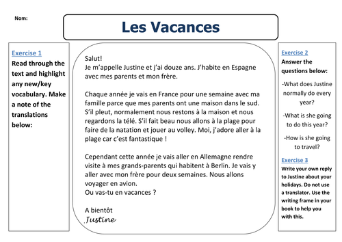 French: Holidays - Reading Worksheet