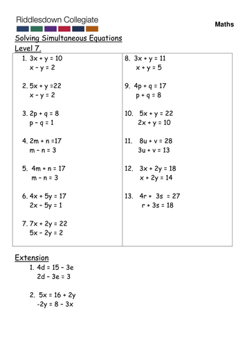 Simultaneous Equations Teaching Resources