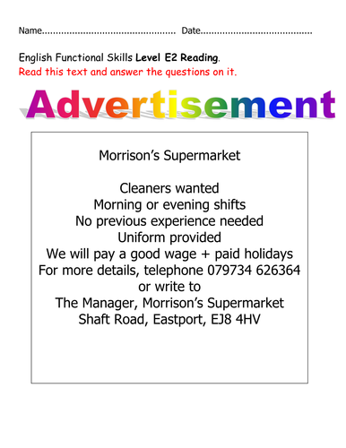 Functional Skills Reading Adverts Mock Entry L2