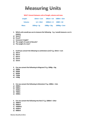 Measuring Units Worksheet | Teaching Resources
