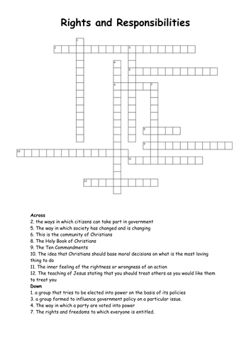 Rights and Responsibilities Revision Crossword Teaching Resources
