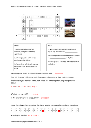 Algebra - Key Words Crossword