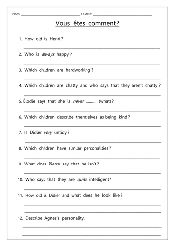 Vous êtes comment? Character dialogs.