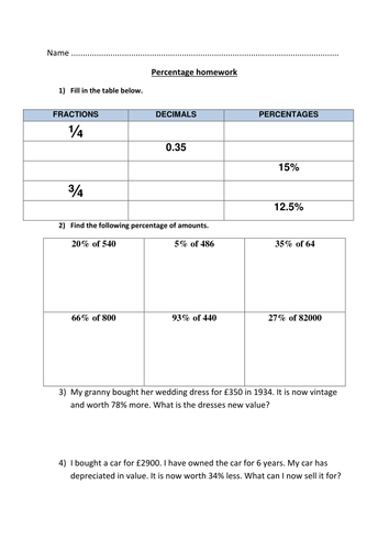 percentage-homework-teaching-resources