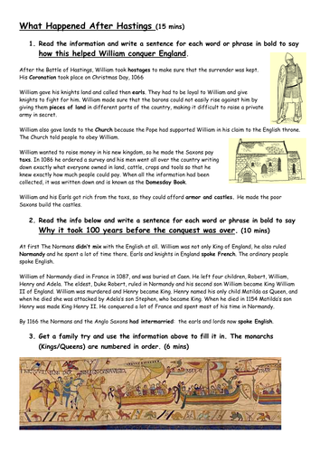 ks3 history after hastings worksheet teaching resources