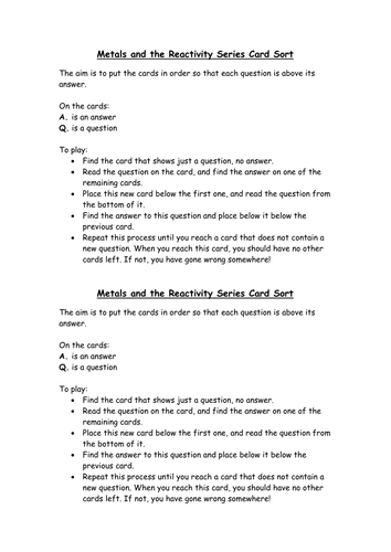 Reactivity series card sort