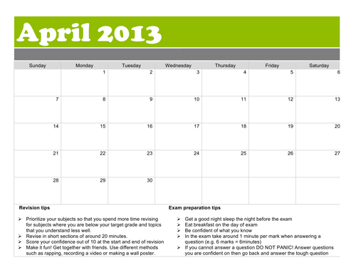 Revision calendar with revision and exam tips 2013