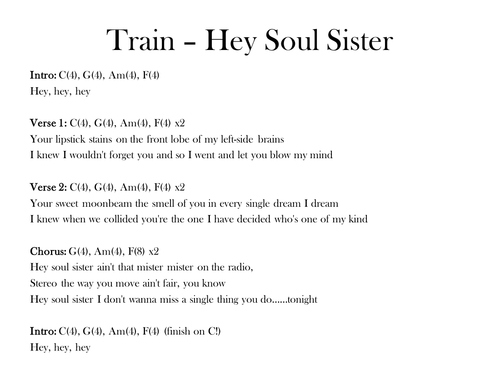 Hey Soul Sister Train Chords And Lyrics Teaching Resources