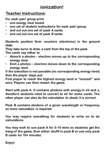 Energy Levels in Atoms - Board Game