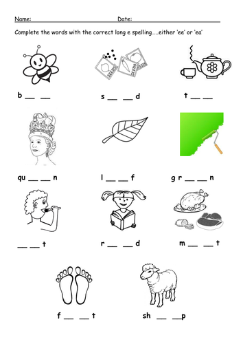 Long e Spellings: ee and ea + cloze