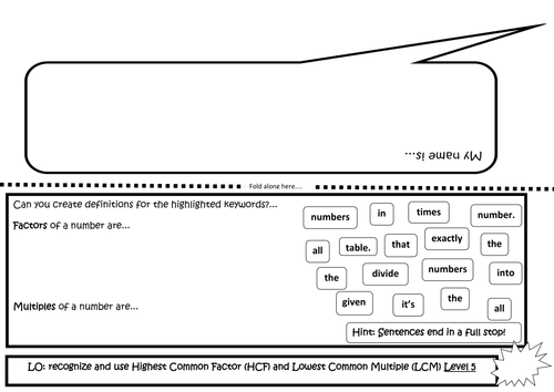 KS3 Math First lesson Starter; defintions