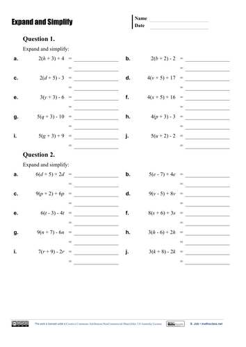 Expand and Simplify self-checking worksheet