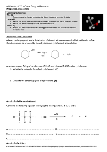 Alcohols Worksheet