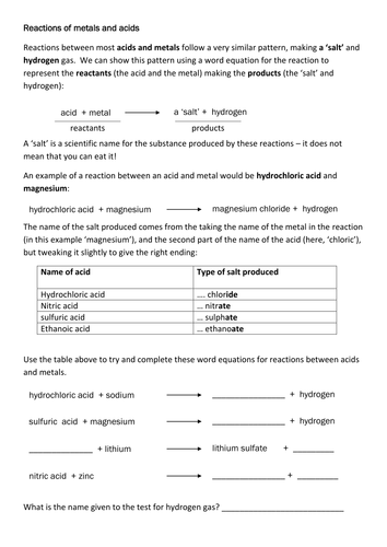 Acids and metals, acid and metal carbonates