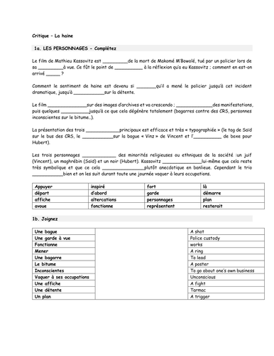 La Haine - reading comp and vocab builder
