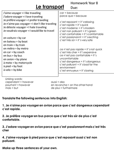 Transport: French vocab mat