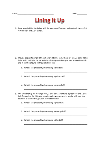 Probability line worksheet | Teaching Resources