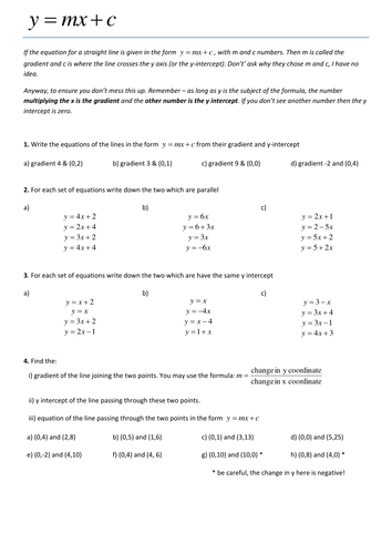 y=mx+c worksheet  Teaching Resources