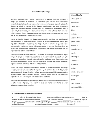 Drugs: reading comp. and hot potato gap-fill