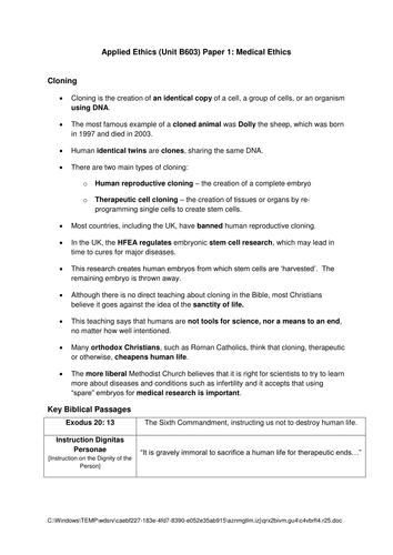 Religion & Medical Ethics: Cloning