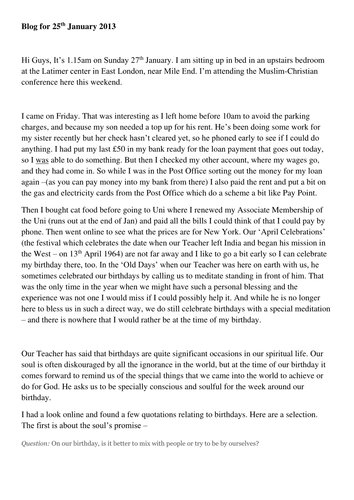 Blog beginning 25th January, 2013