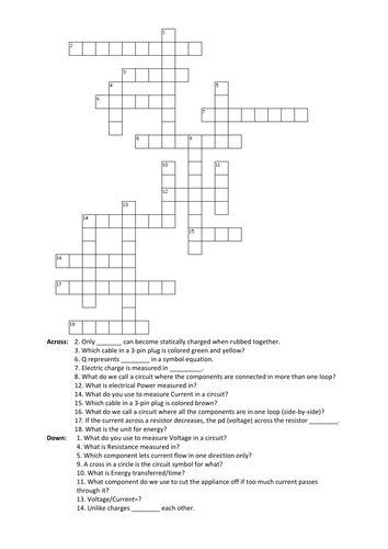 Electricity revision crossword Teaching Resources