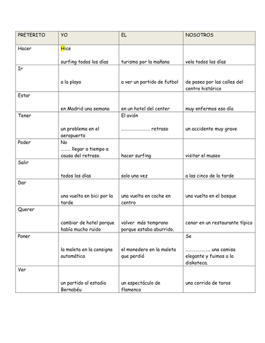 Verb table task preterite and holiday activities