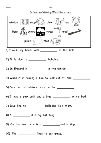 oa and ow (oa) digraph worksheets
