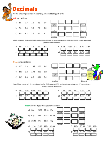 Ordering Decimals Worksheet