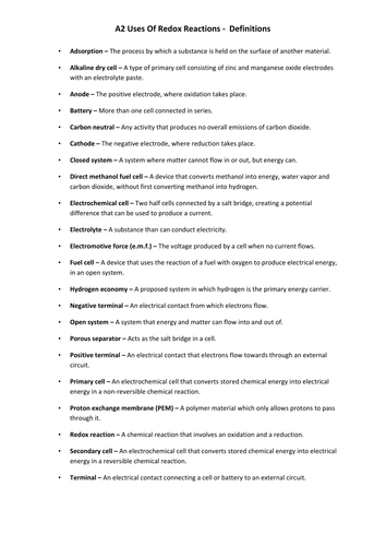 A2 Uses of Redox Reactions - Definitions