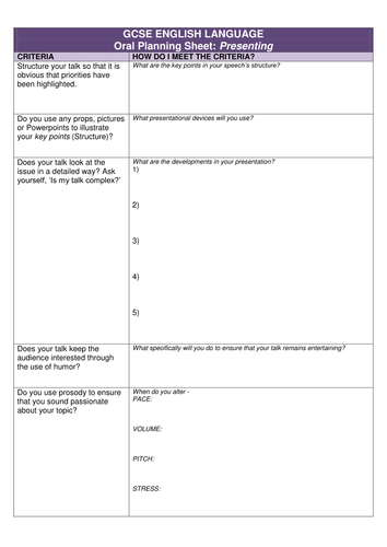 Ks4 Oral Planning Sheet 