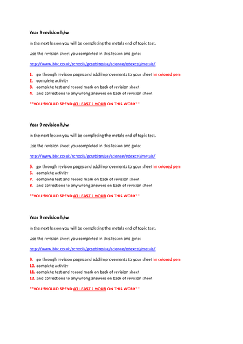 Metals Revision homework task